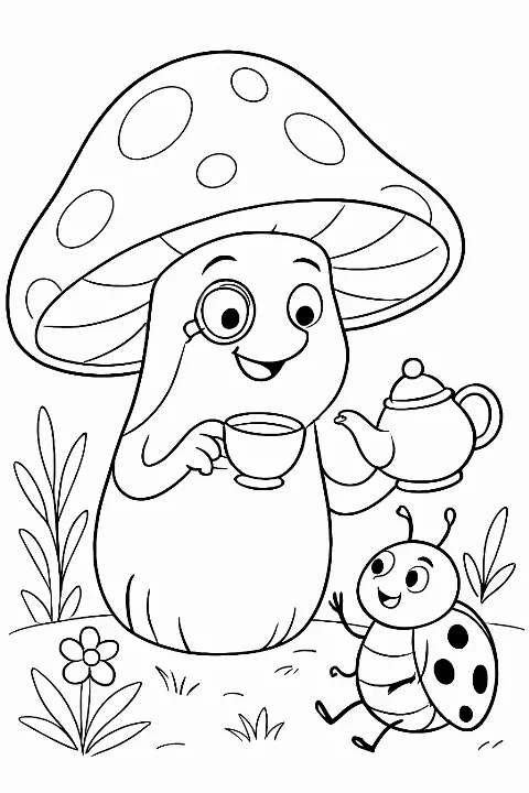 A funny mushroom hosting a tea party for a ladybug in a whimsical mushroom coloring page.