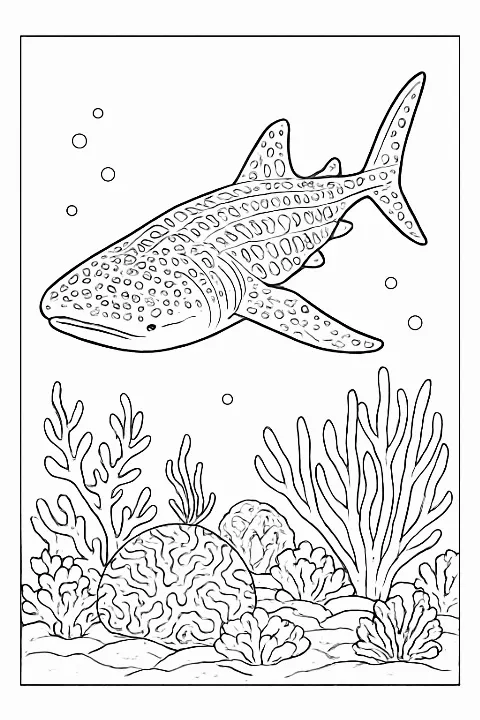 Detailed whale shark coloring page with beautiful coral reef patterns.