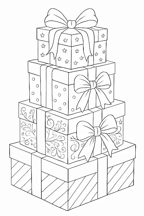 A detailed stacked christmas gifts coloring page featuring decorative ribbons and bows for creative coloring.