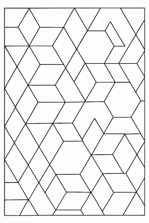 A bold geometric shapes coloring page featuring large hexagons and triangles for easy coloring.
