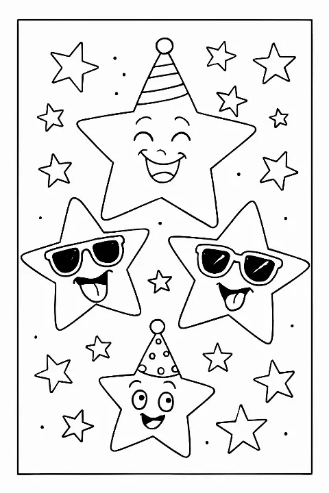 Whimsical stars wearing party hats and sunglasses on this stars coloring page.