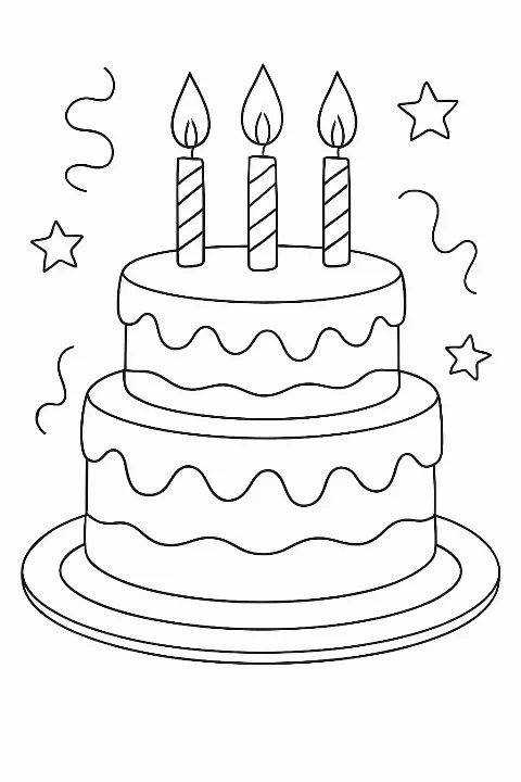 A whimsical tiered birthday cake with candles on a birthday cake coloring page.