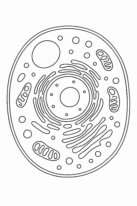 Beautifully detailed human cell coloring page with mitochondria and nucleus illustrations.
