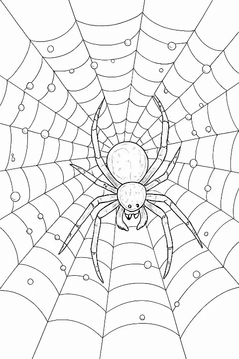 A detailed whimsical spider web coloring page featuring a lifelike garden spider in a nature scene.