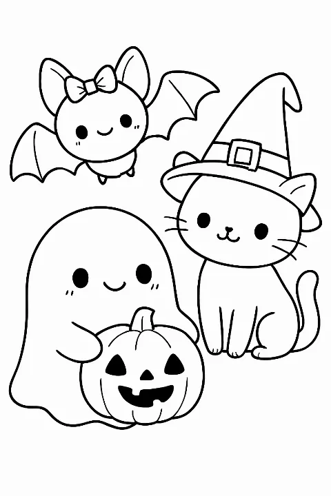 A cute halloween coloring page featuring a friendly ghost, a tiny bat, and a cat wearing a witch hat.