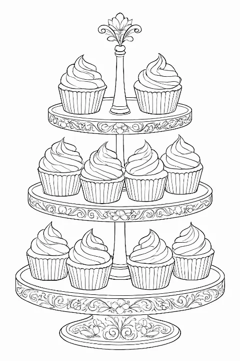 A detailed cupcake stand coloring page featuring decorative pastries and elegant swirls.