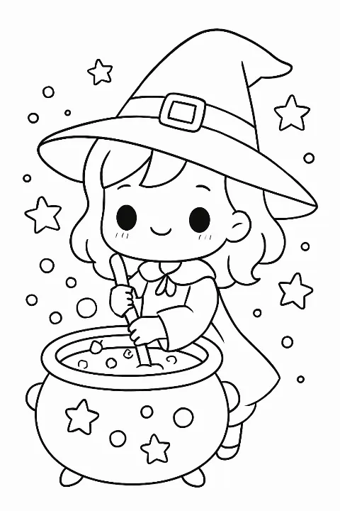 A cute kawaii witch with a bubbling cauldron in this adorable halloween themed coloring page.