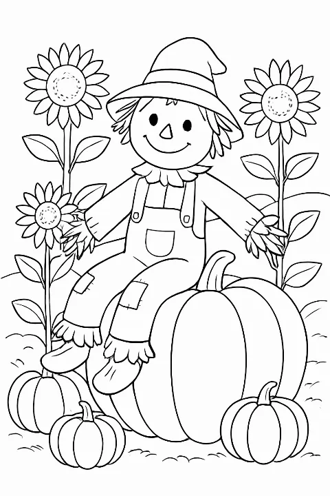 A cute scarecrow sitting on a large pumpkin in a garden on this scarecrow pumpkin patch coloring page.