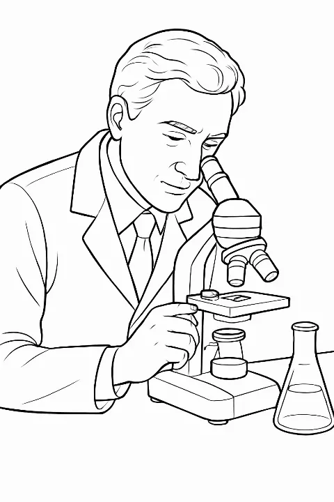 A professional research scientist doctor coloring page featuring a detailed microscope and laboratory equipment.