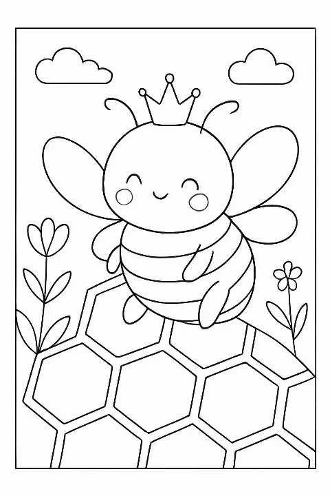 A happy bee resting on a honeycomb in this cozy bee hive coloring page.