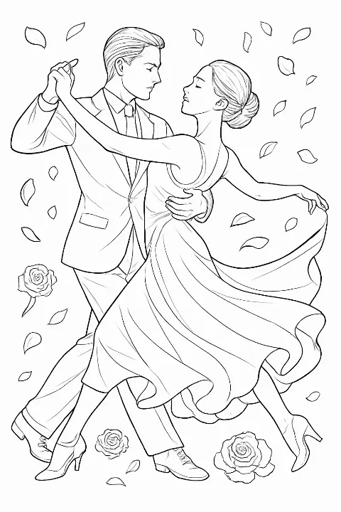 Sophisticated tango dancers coloring page featuring a graceful couple in an artistic pose with flowing motion lines.