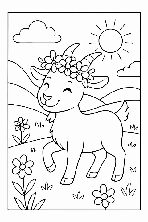A friendly goat wearing a flower wreath in a meadow on a goat coloring page.