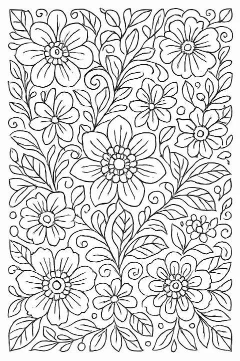 Intricate floral patterns coloring page featuring detailed flowers and leaves for creative coloring.
