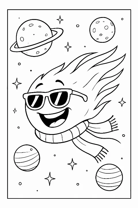 A cartoonish happy traveling comet coloring page with sunglasses and a scarf flying through space.