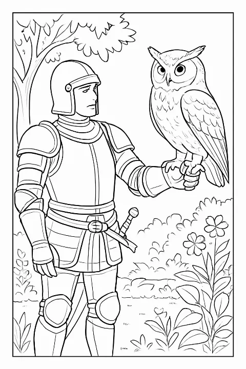 A detailed knight training owl coloring page featuring a knight and a bird in a garden setting.