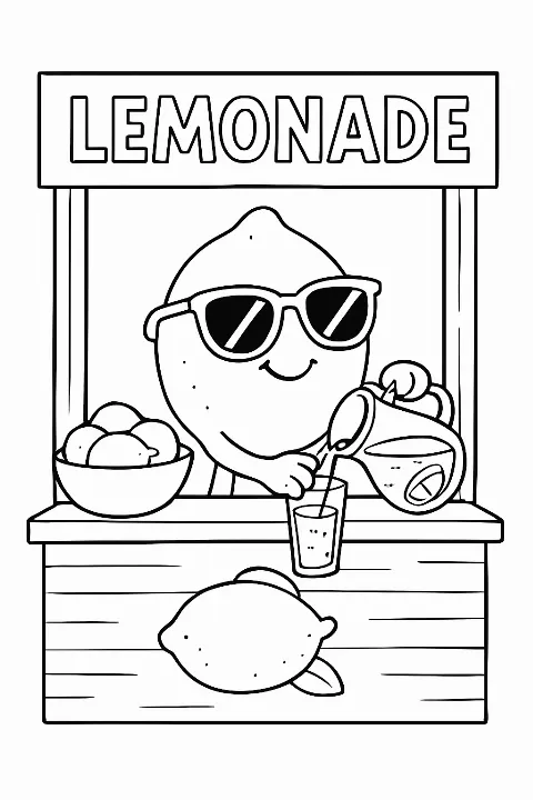A happy lemon character pouring a glass of lemonade on this lemonade stand coloring page.