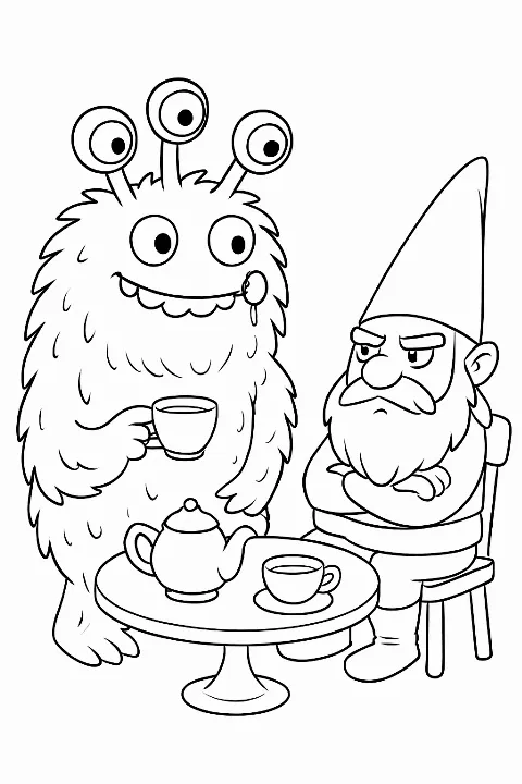 A whimsical friendly monster coloring page featuring a funny tea party scene.