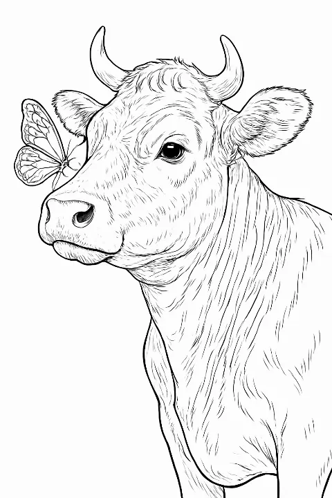 A realistic cow with a butterfly on its nose, featured on a relaxing cow with butterfly coloring page.