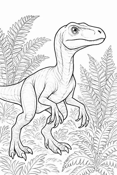 Detailed Velociraptor coloring page in a lush jungle setting with clear, thick outlines.