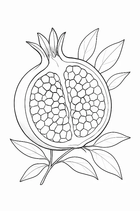Detailed botanical pomegranate coloring page featuring geometric seed patterns.