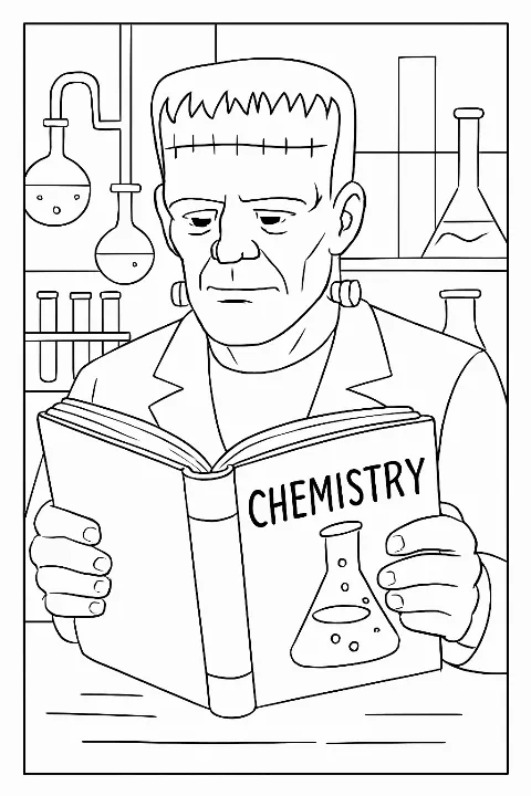 A friendly Frankenstein monster in a laboratory setting, featured on a Frankenstein monster science lab coloring page.