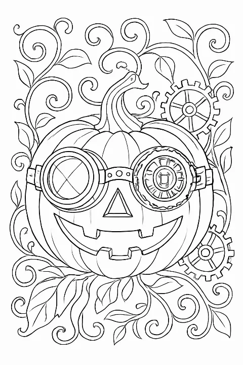 Detailed steampunk jack o lantern coloring page with mechanical gear patterns and decorative autumn vines.