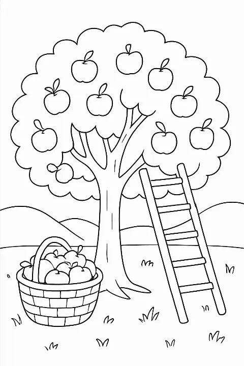 A peaceful orchard harvest coloring page featuring a basket of ripe apples under a tree.