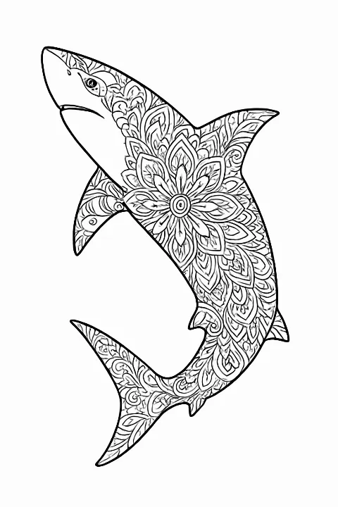 An intricate shark mandala coloring page with geometric patterns and clean lines.