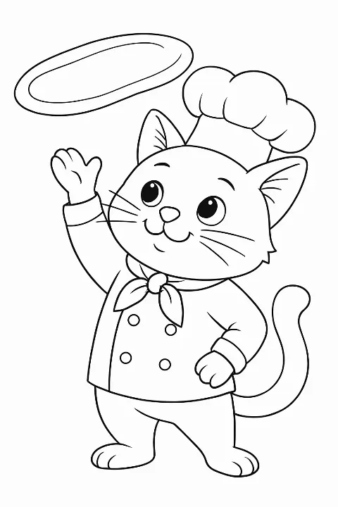 An adorable cat wearing a chef hat making a pizza on this fun pizza chef cat coloring page.