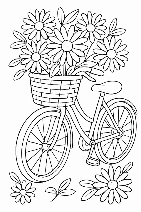A simple line drawing of a bicycle with a flower basket coloring page for kids and adults.