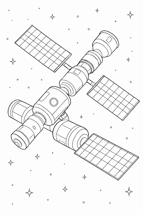 Intricate black and white modular space station coloring page with solar panels.