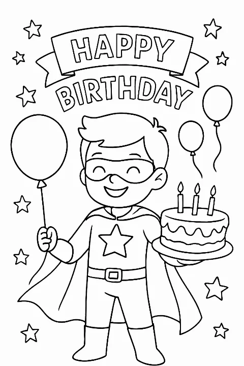 The birthday kid as a superhero coloring page
