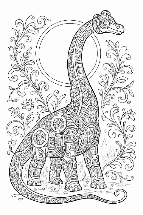 Detailed steampunk brachiosaurus coloring page with clockwork gears and floral patterns for creative coloring.