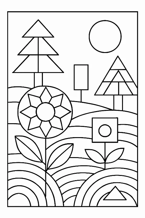A serene zen garden landscape composed of artistic geometric shapes in a professional coloring page format.