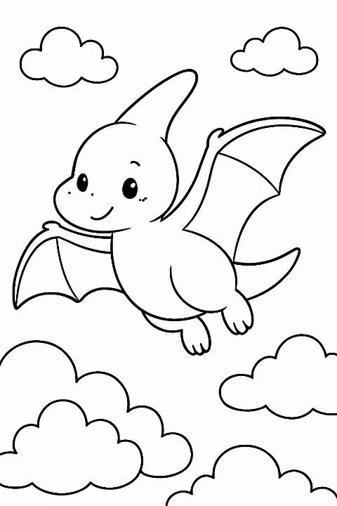 A super cute, happy pterodactyl flying among clouds on a printable coloring page.