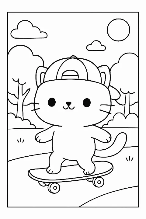 A cute cat riding a skateboard in this fun skateboarding coloring page.