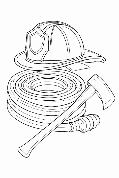 Detailed firefighter equipment coloring page featuring a helmet and rescue tools in professional black and white line art.