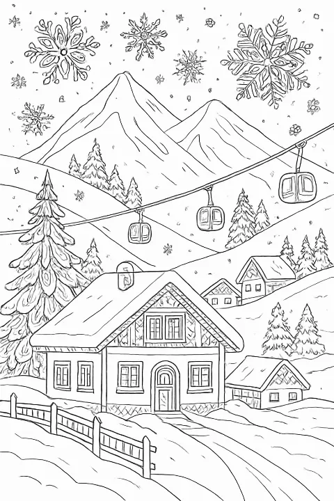 Detailed ski resort coloring page featuring mountain cabins, ski lifts, and snowy trees with intricate snowflake designs.