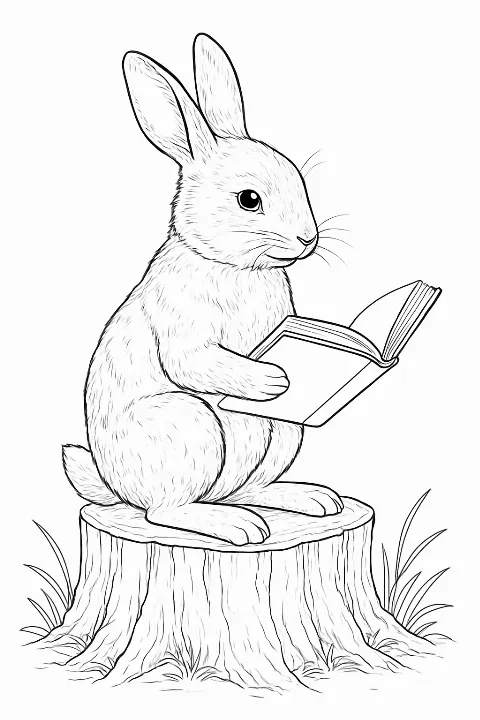 A realistic rabbit reading a book on a tree stump in a forest, rabbit reading book coloring page.