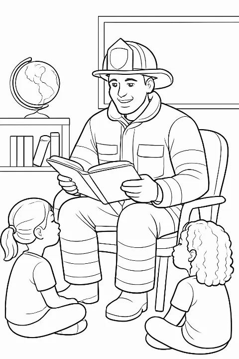 A friendly firefighter reading a book to a group of curious children in a classroom coloring page.