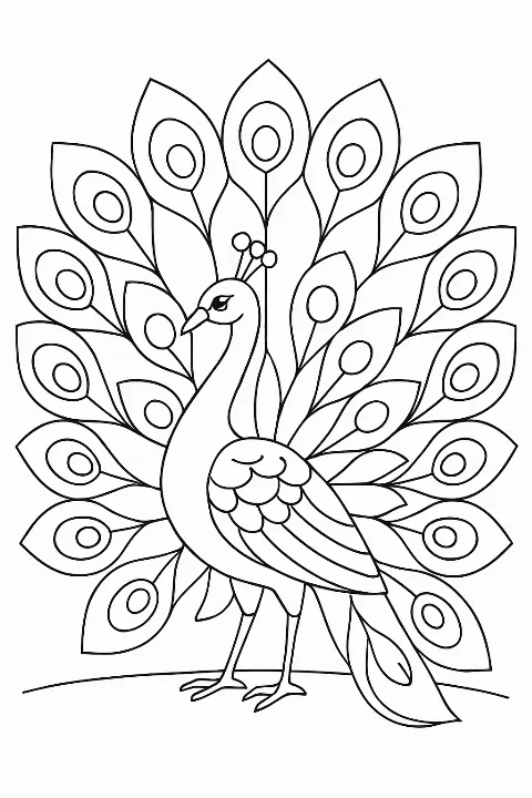 A beautiful peacock coloring page featuring large bold feathers and garden flowers for easy coloring.