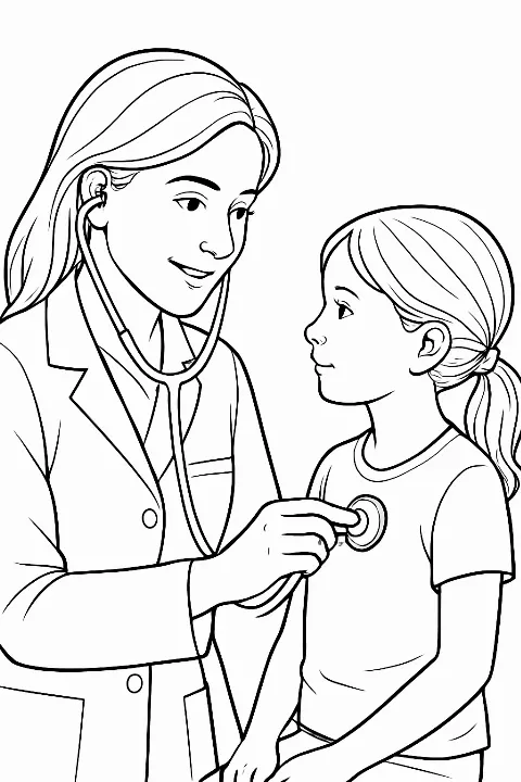 A realistic doctor checking heartbeat coloring page with clean lines and clear details.