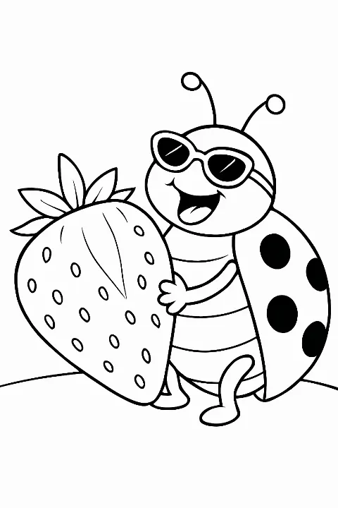 A cool ladybug wearing sunglasses eating a strawberry on this printable ladybug coloring page.
