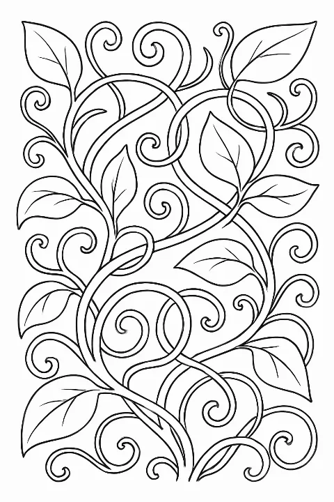 Intricate tangled vines coloring page with clear black lines and beautiful botanical patterns.