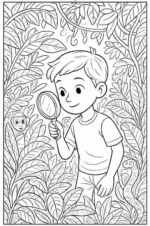 A young boy explorer with a magnifying glass in a detailed tropical jungle coloring page.
