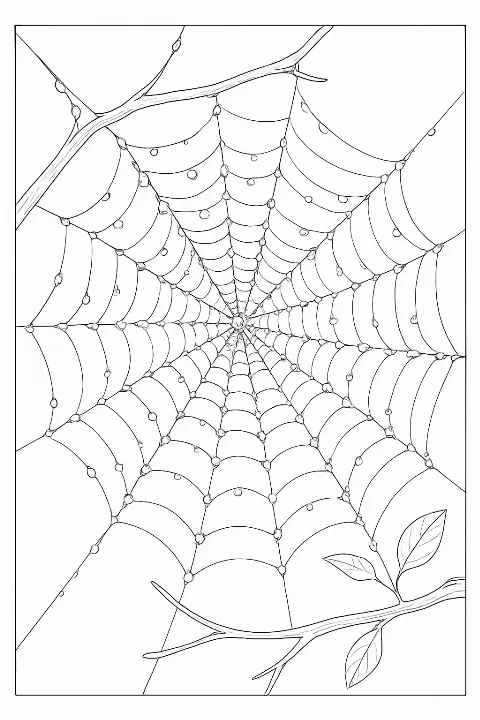 Detailed nature scene featuring a realistic gossamer spider web coloring page for kids and adults.
