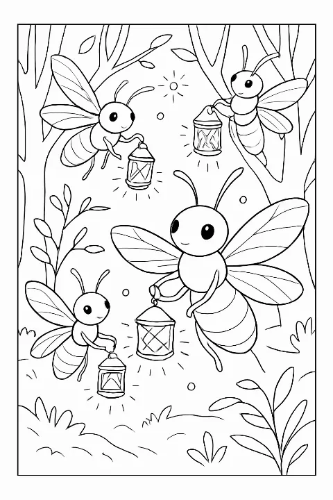 A cute firefly holding a small paper lantern in this detailed firefly lantern party coloring page.