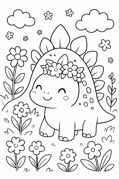 A cute stegosaurus with a flower crown in a beautiful garden on a stegosaurus garden coloring page.