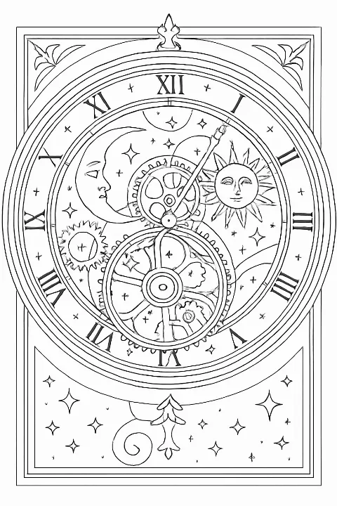 Intricate celestial astronomical clock coloring page with moon and star motifs.