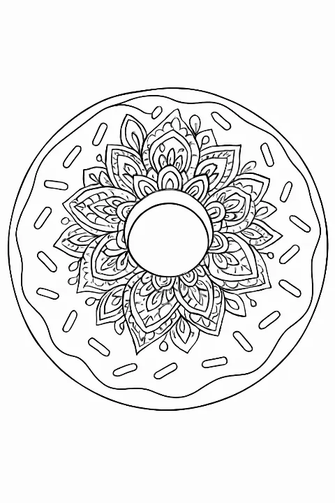 Intricate donut mandala coloring page featuring floral patterns and clean lines.